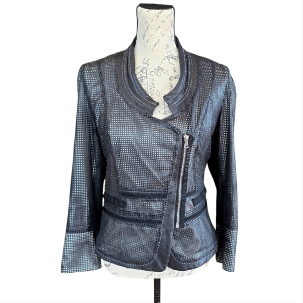 Elie Tahari Perforated Black Leather Zip Moto Style Blazer Jacket S